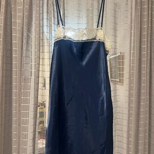 Elegant Navy Blue Lace Trim Satin Mini Dress